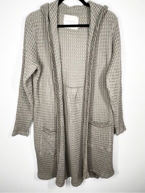 Mododoc Waffle Knit Open Front Hooded Duster Cardigan Sage Green Medium